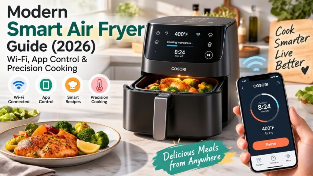 Modern smart air fryer with Wi-Fi app control on a clean kitchen counter.