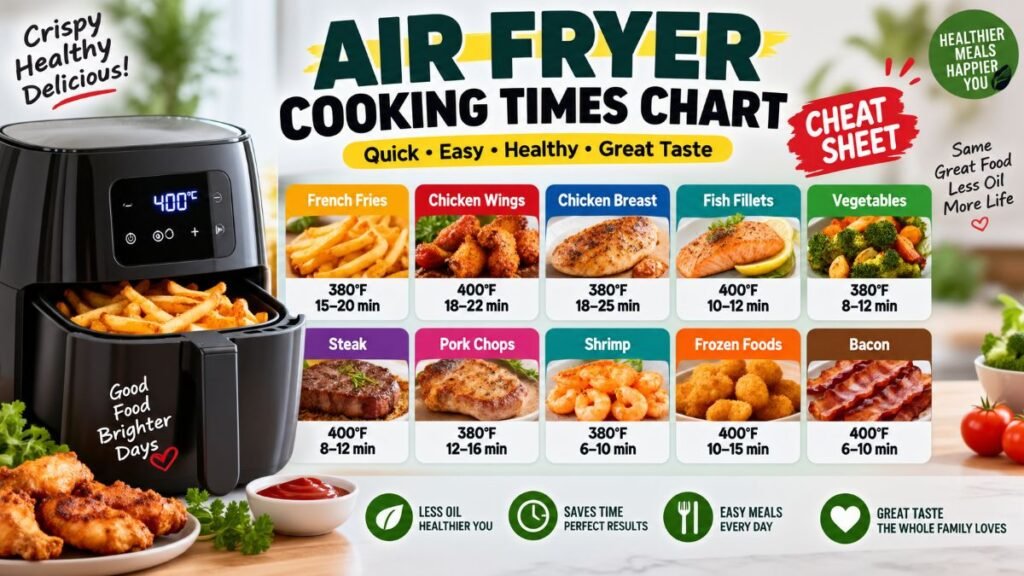 Air fryer cooking times chart next to crispy cooked food