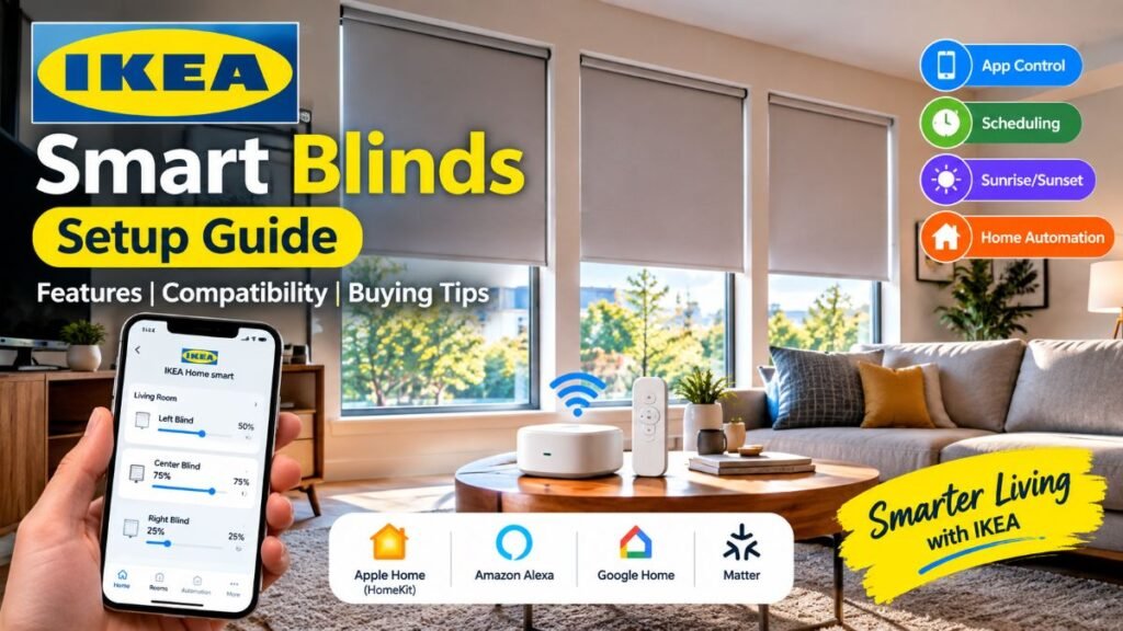 Modern living room window installed with ikea smart blinds for automated light control