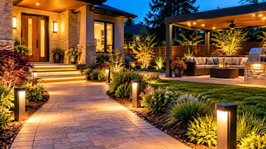 Modern house exterior featuring smart outdoor lighting along the front walkway and garden