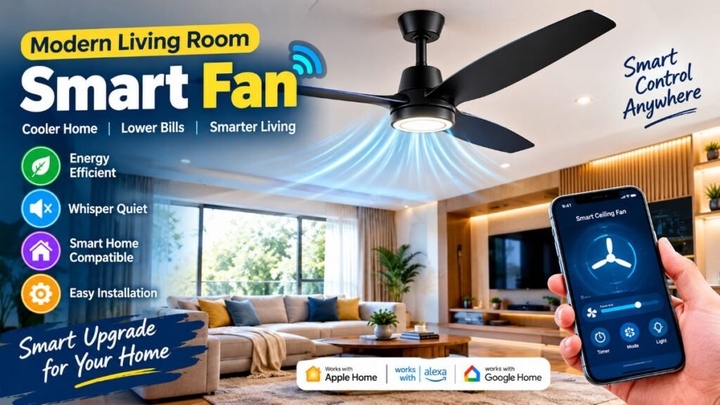 Living room featuring a stylish smart ceiling fan with LED lighting