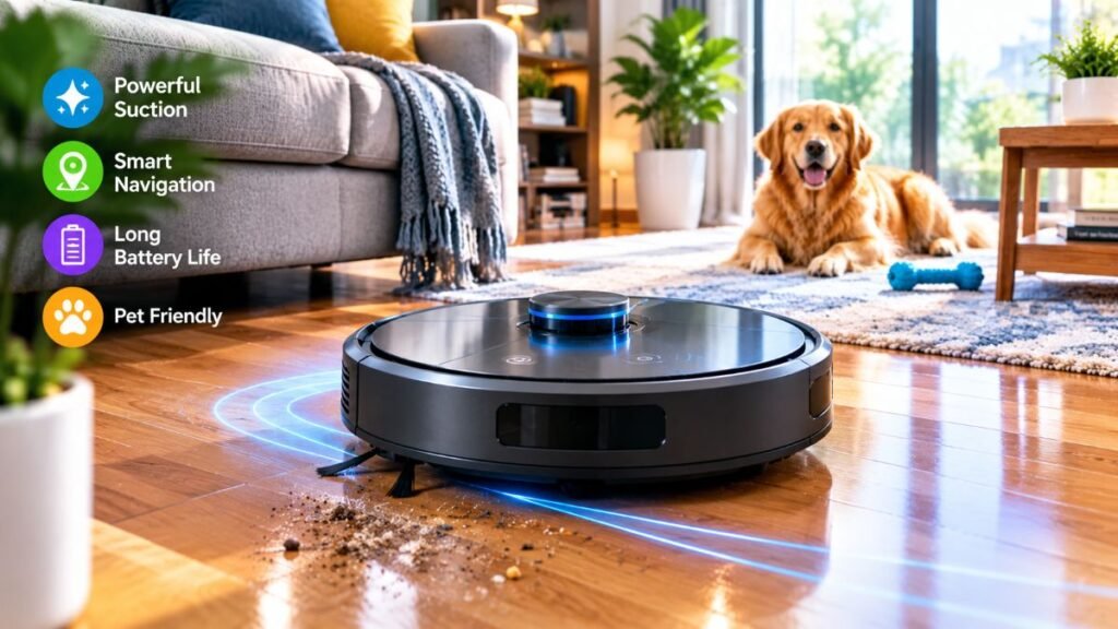 A sleek robot vacuum actively cleaning dust on a modern living room hardwood floor.