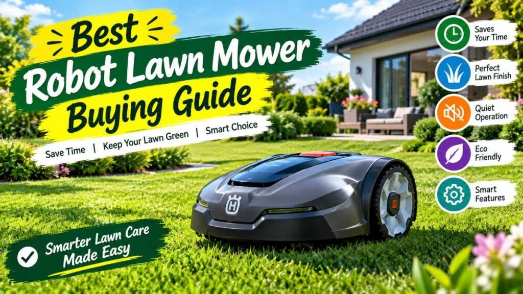 Modern robot lawn mower trimming green grass in a suburban front yard