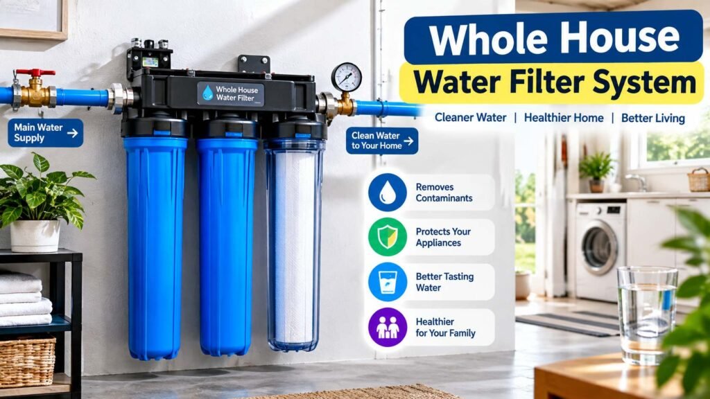 Modern whole house water filter system installed on residential main supply line
