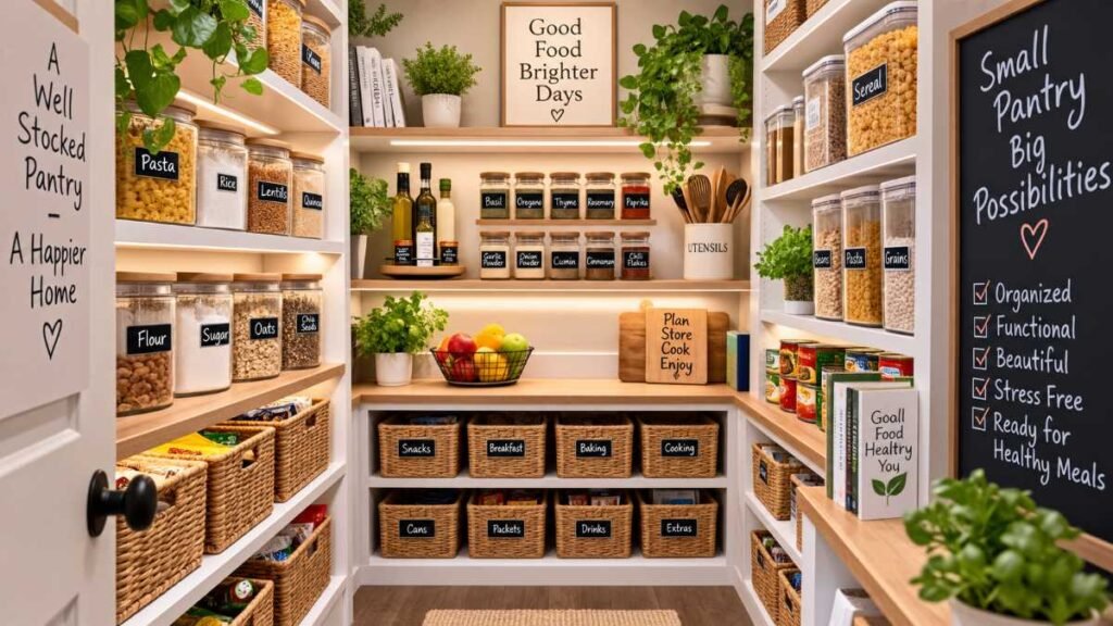 Fully organized finished setup featuring small walk-in pantry ideas