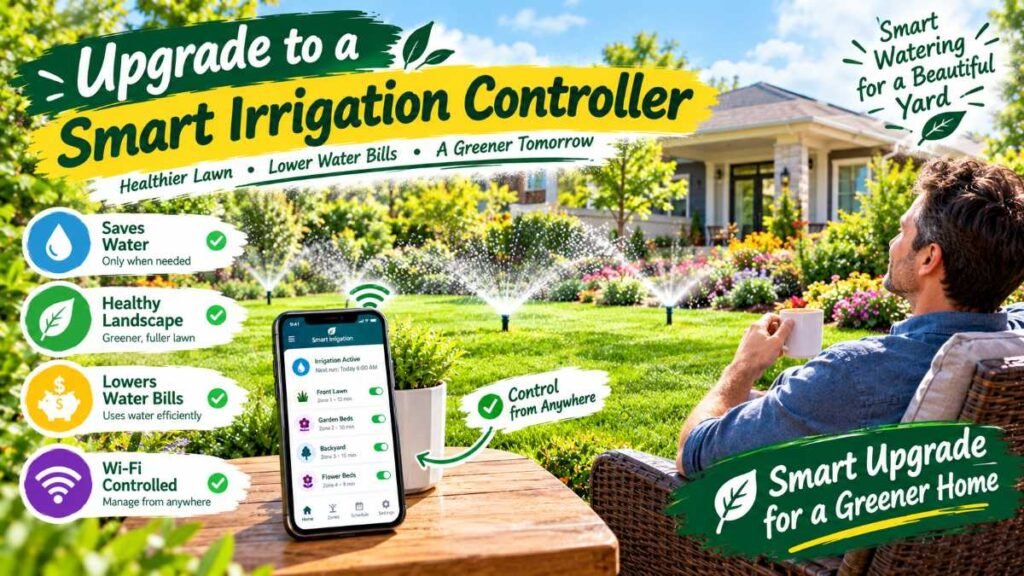 Homeowner admiring a healthy lawn managed by a smart irrigation controller