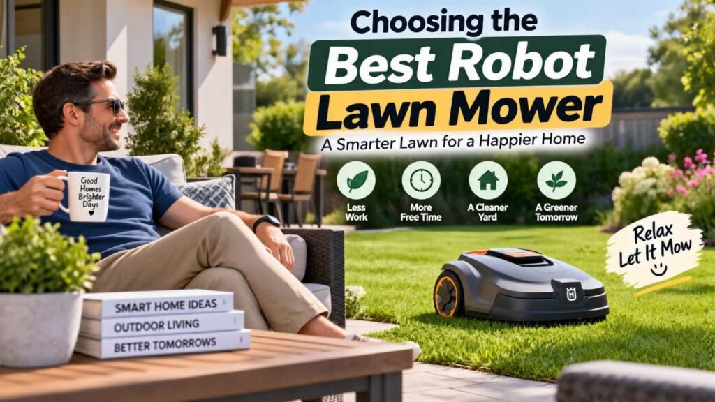 Homeowner relaxing while a robot lawn mower cuts the lawn autonomously