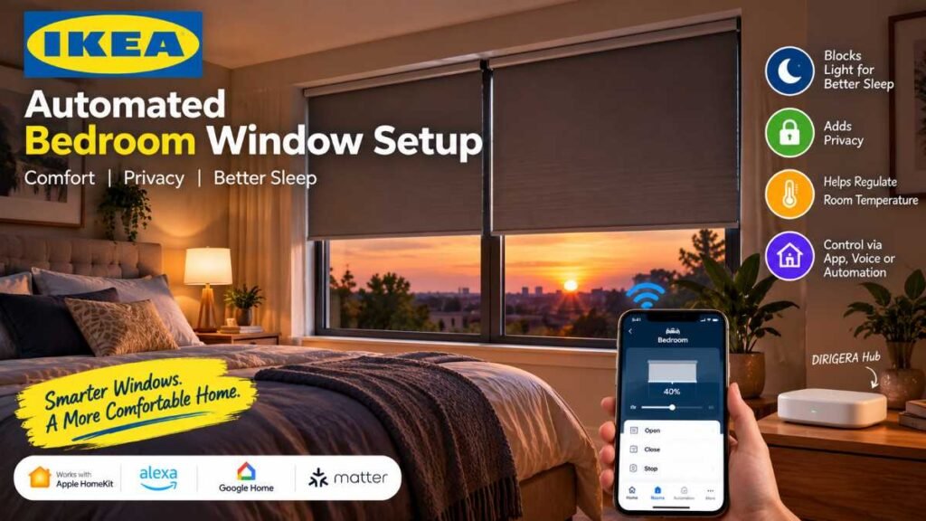 Automated ikea smart blinds fully lowered in a cozy modern bedroom at sunset