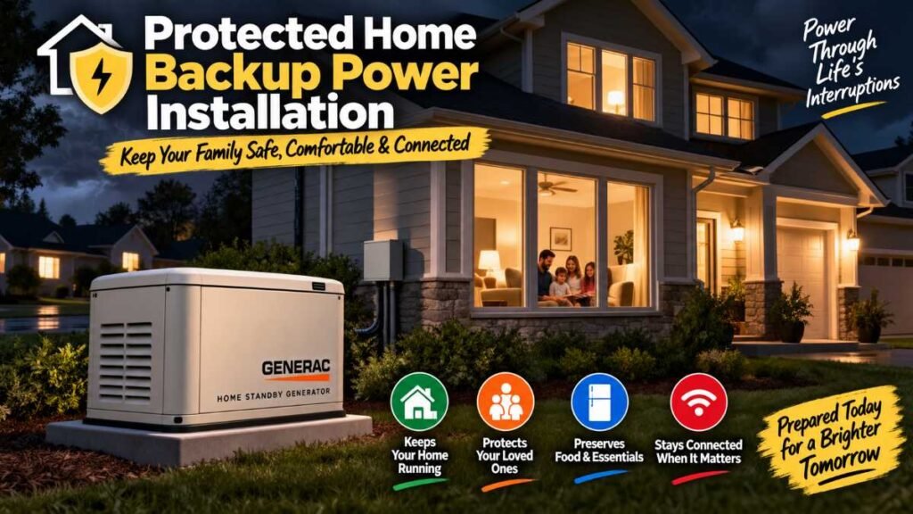 Warmly lit suburban home safely protected by a full Home Generator Installation