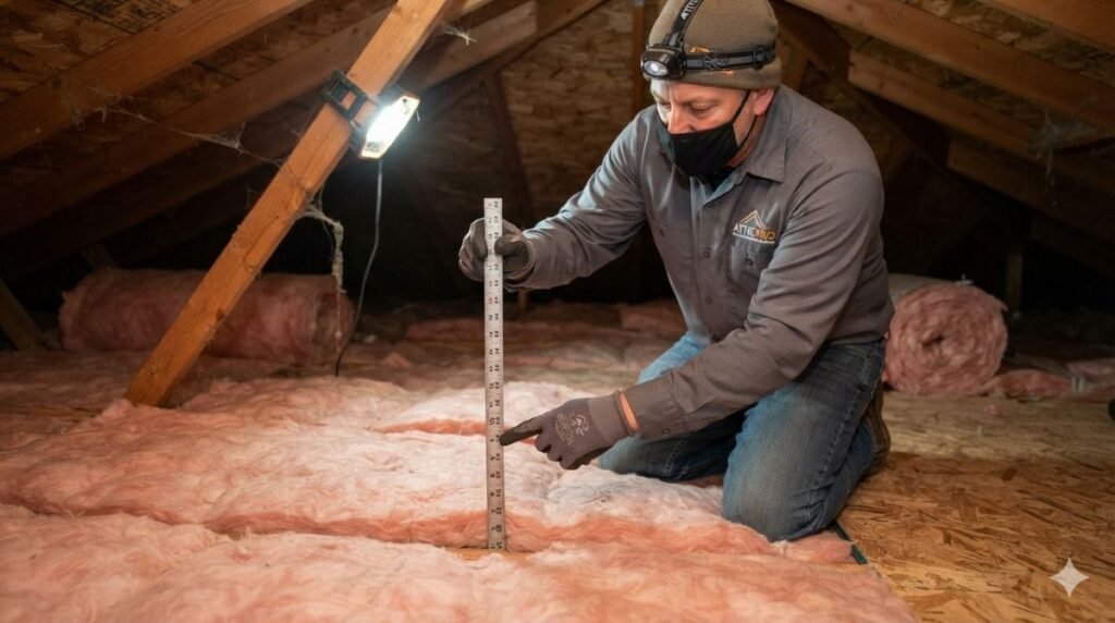 Technician calculating average attic insulation cost per square foot in a US home.