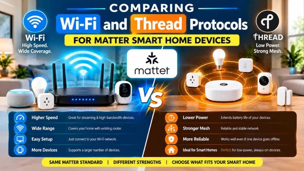 Side-by-side protocol graphic comparing Wi-Fi and Thread mesh connections for matter smart home devices