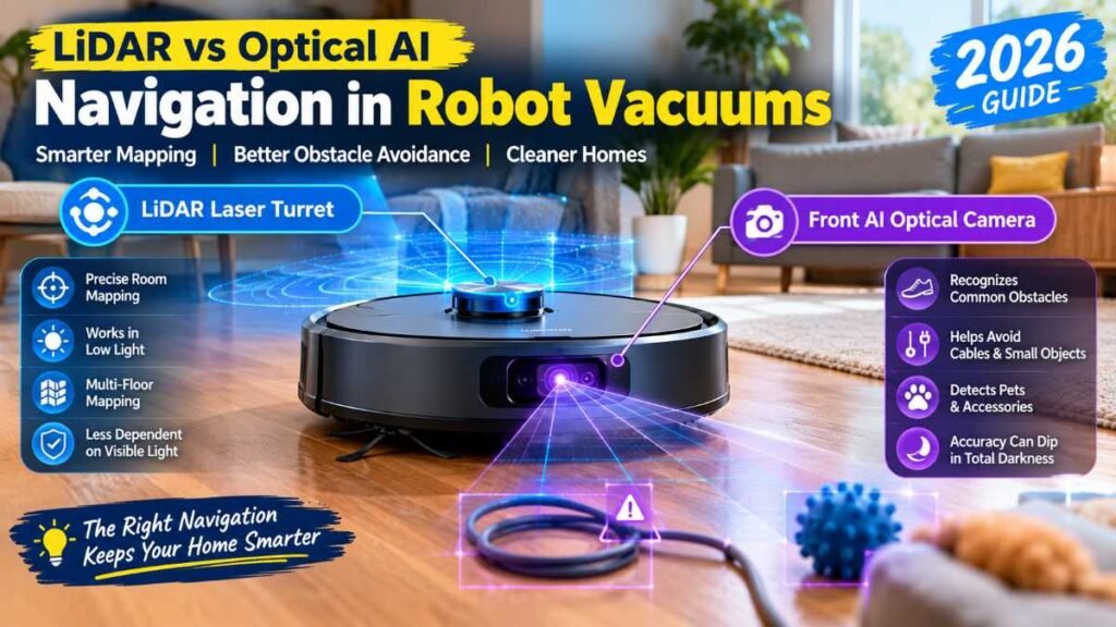Top LiDAR laser scanner and front AI camera on the best robot vacuum and mop