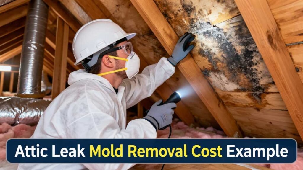 Attic roof leak causing mold growth impacting overall Mold Removal Cost