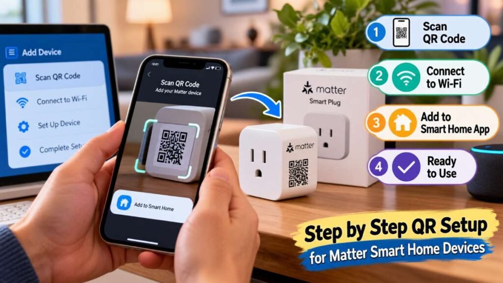 Hands scanning a setup QR code on a smart plug using a phone for matter smart home devices