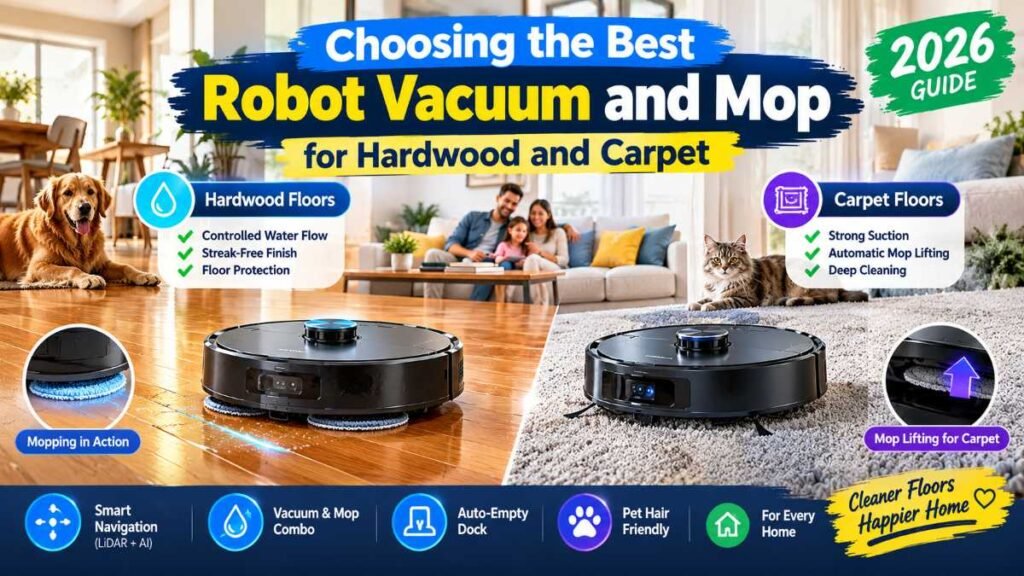 A robot vacuum and mop transitioning smoothly from hardwood floor to thick carpet