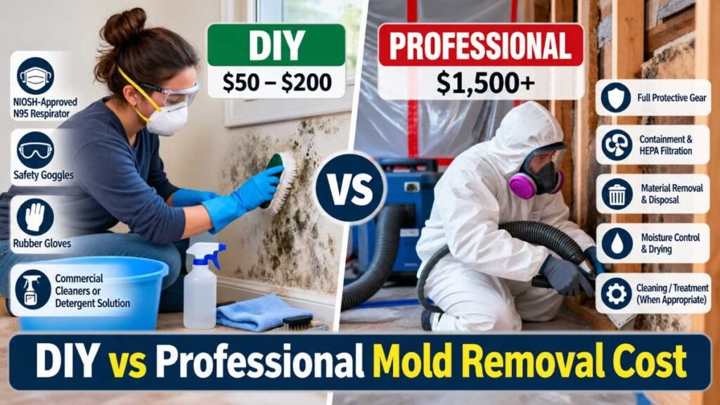 Safety gear and respirator used to estimate DIY vs professional Mold Removal Cost