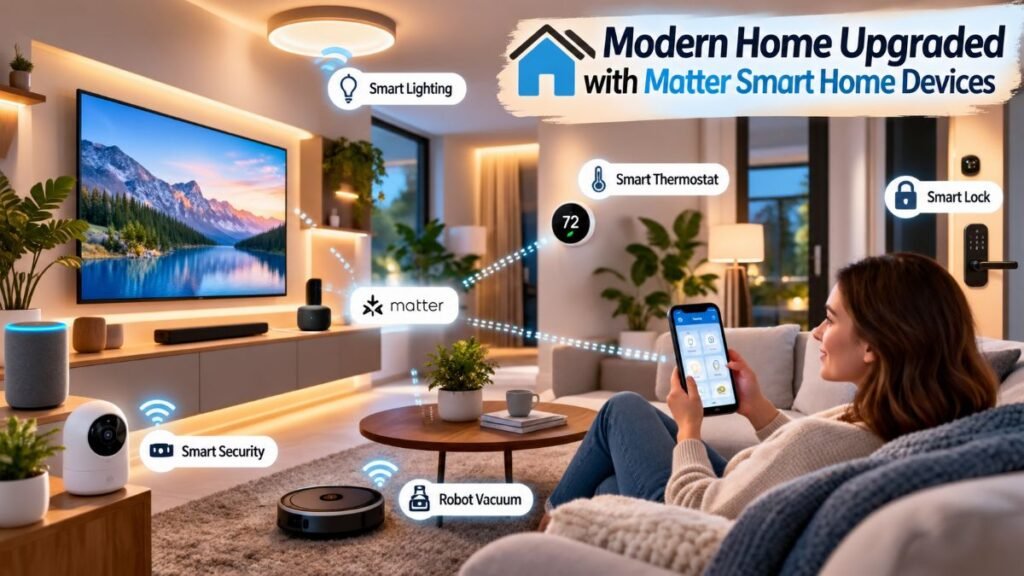 Cozy automated smart living room powered by connected matter smart home