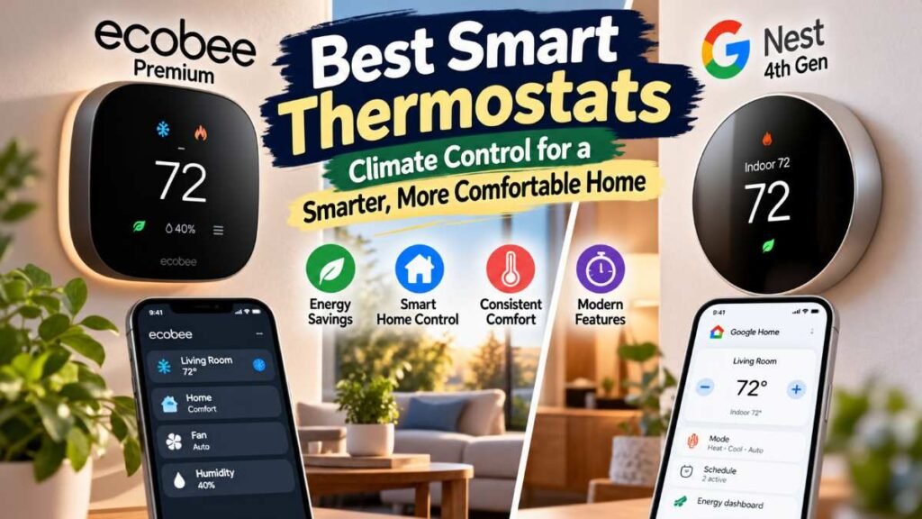 Ecobee Smart Thermostat Premium mounted on a wall tracking air quality.