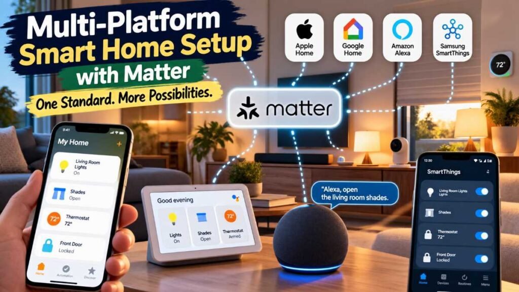 Two-story home layout displaying simultaneous iOS and Android control of matter smart home devices