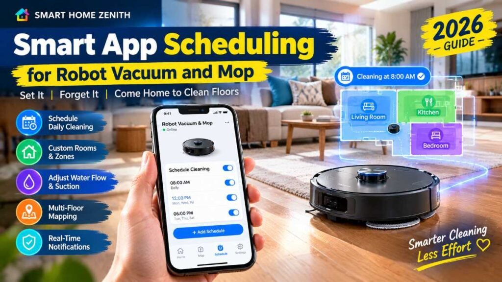 Smart phone app interface scheduling daily cleaning routines for a robot vacuum and mop