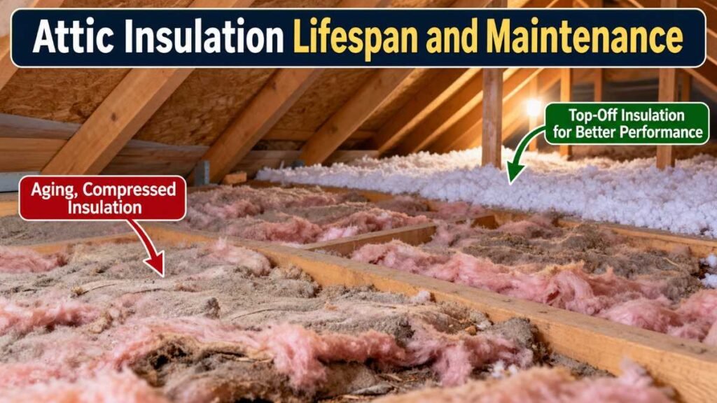 Old compressed insulation needing maintenance to justify long-term attic insulation cost.