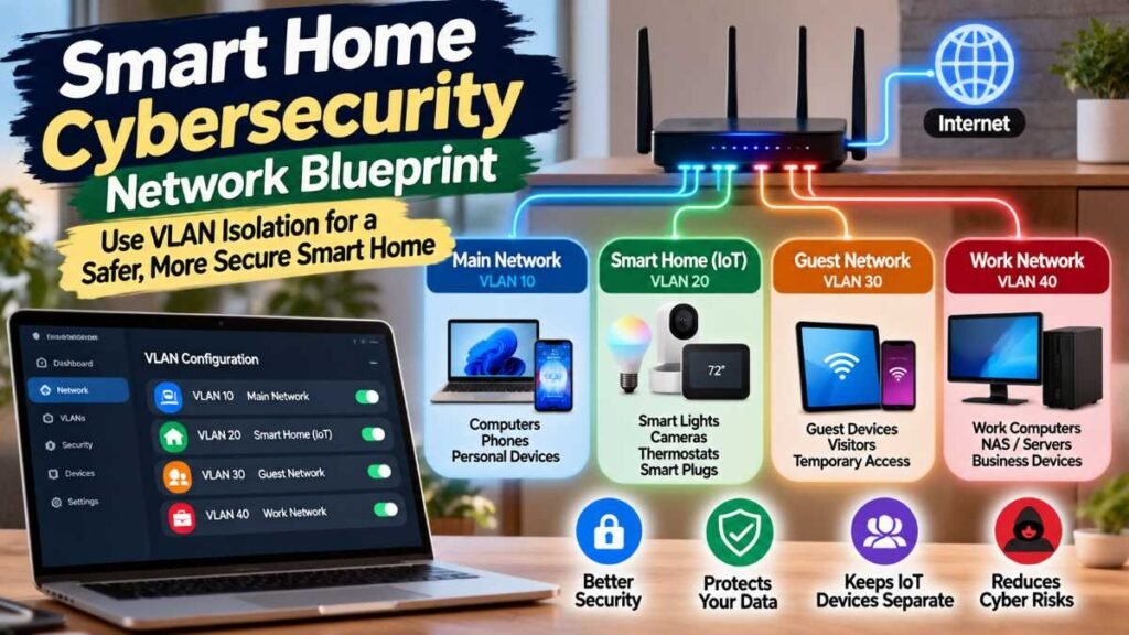 Isolated IoT network diagram showing VLAN security for smart devices.