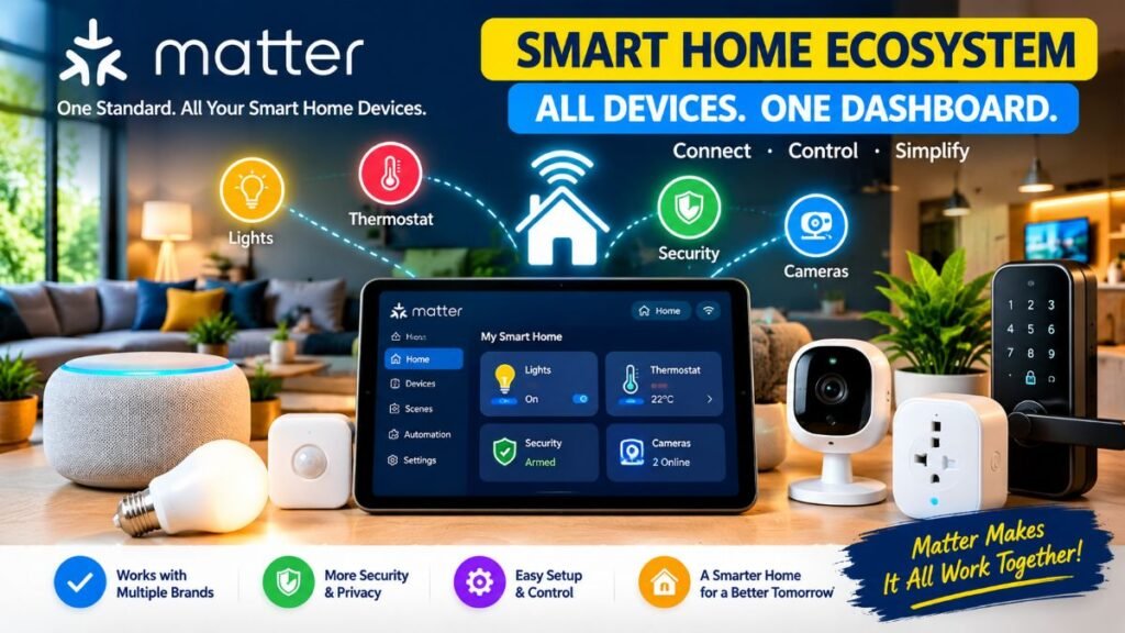 Modern living room displaying unified matter smart home devices controlled via smartphone dashboard