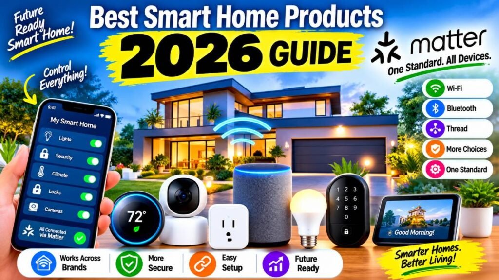 Modern living room featuring Matter smart home devices and lighting.
