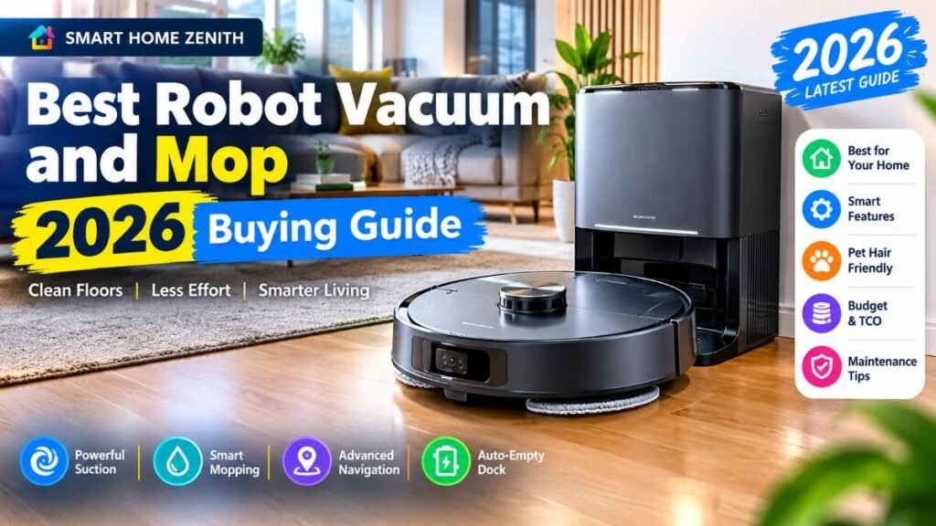 Modern living room featuring the best robot vacuum and mop charging at its dock